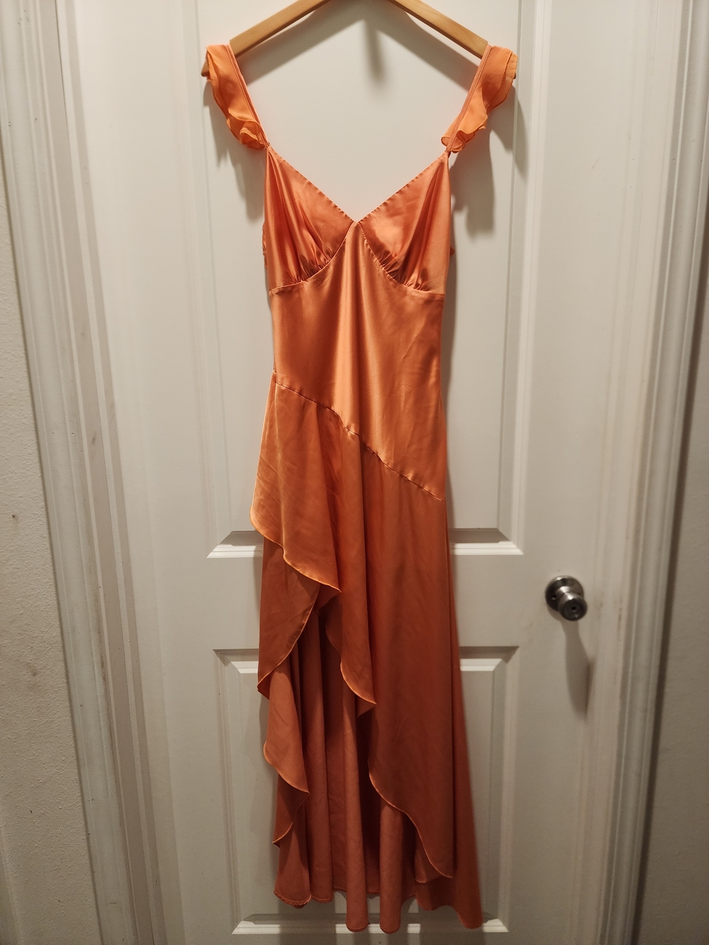 Beginning Boutique Orange Satin Ruffle Maxi Dress